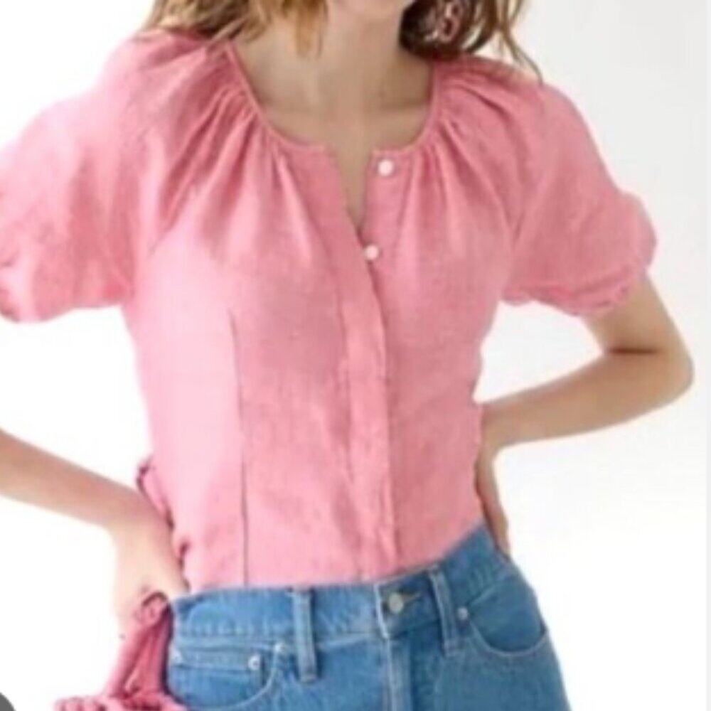 J. Crew Pink Linen Button Front V Tie Back Puff Sleeve Top 2